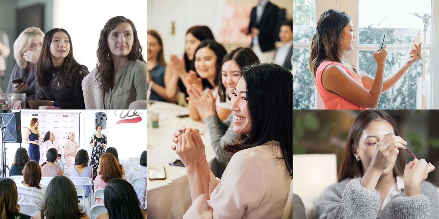 뷰티 행사 장면 모음 — 무대와 관객, 제품을 쓰고 촬영하는 크리에이터들